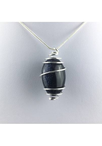 Blue Sun Stone Pendant Tumbled Stone Hand Made on SILVER Plated Spiral A+-1