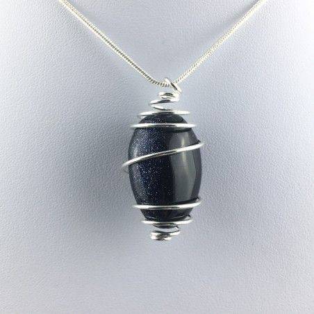 Blue Sun Stone Pendant Tumbled Stone Hand Made on SILVER Plated Spiral A+-1