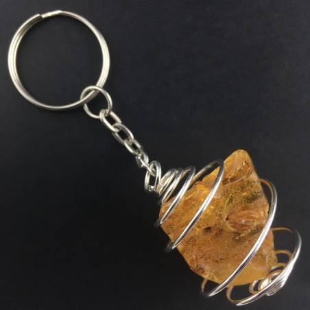 LARGE AMBER Keychain Keyring BIG Hand Made on Silver Plated Spiral Gift Idea-1
