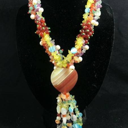 Necklace Chips in CARNELIAN FLUORITE with Charm in AGATE a HEART Jewel A+-1