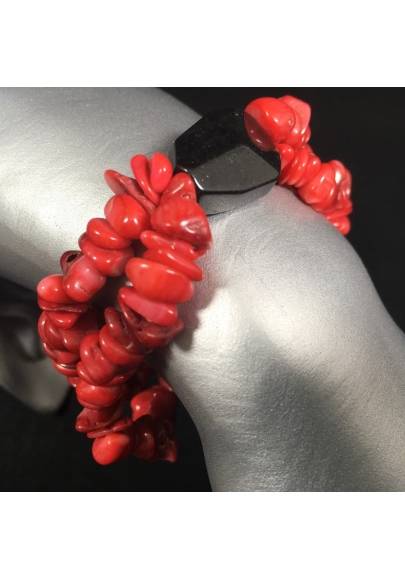 Tumbled Chips Bracelet Red CORAL with BLACK ONIX Crystal Healing-1