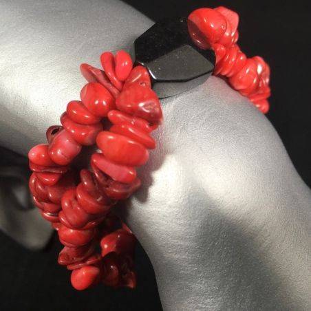 Tumbled Chips Bracelet Red CORAL with BLACK ONIX Crystal Healing-1