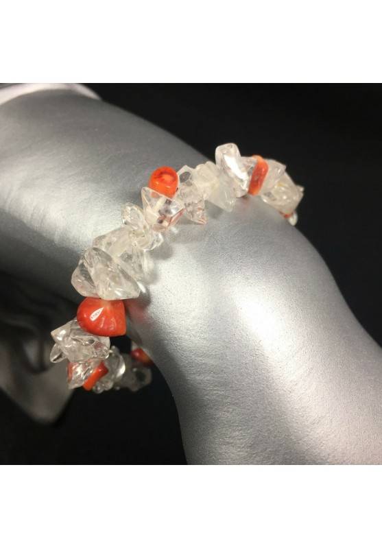 Bracelet in Clear Quartz and CORAL Chips Crystal Healing Chakra Minerals-1